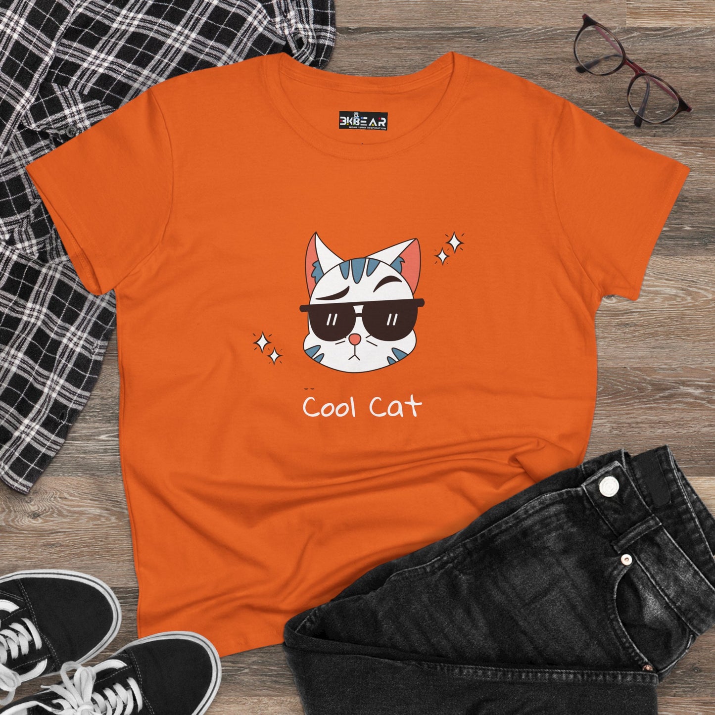 Orange cool cat graphic t-shirt for women with sunglasses cat design by Printify