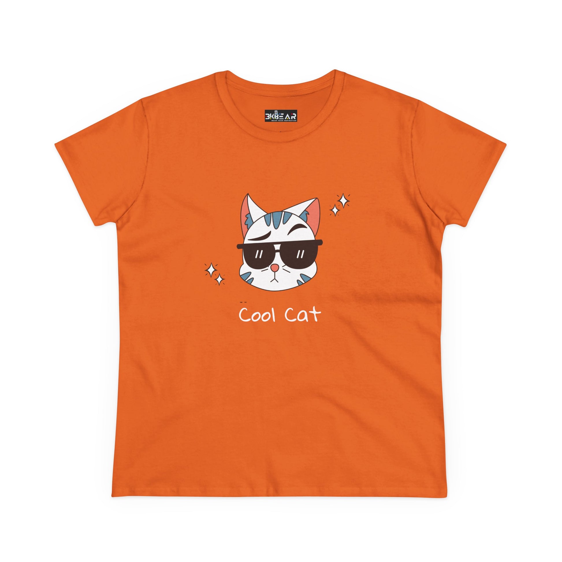 Orange cool cat graphic t-shirt for women with cat wearing sunglasses design