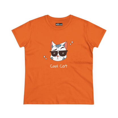Orange cool cat graphic t-shirt for women with cat wearing sunglasses design