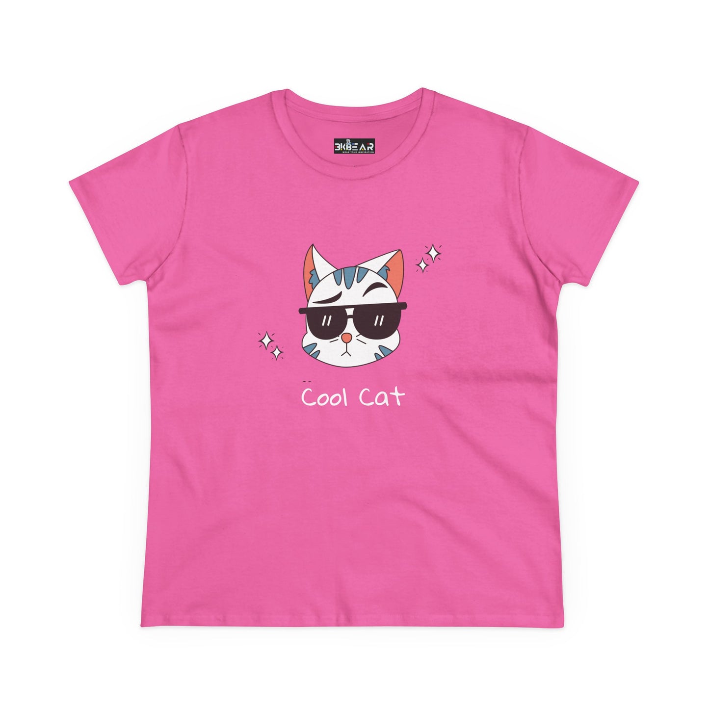 Pink cool cat graphic t-shirt for women with a cat wearing sunglasses print by Printify