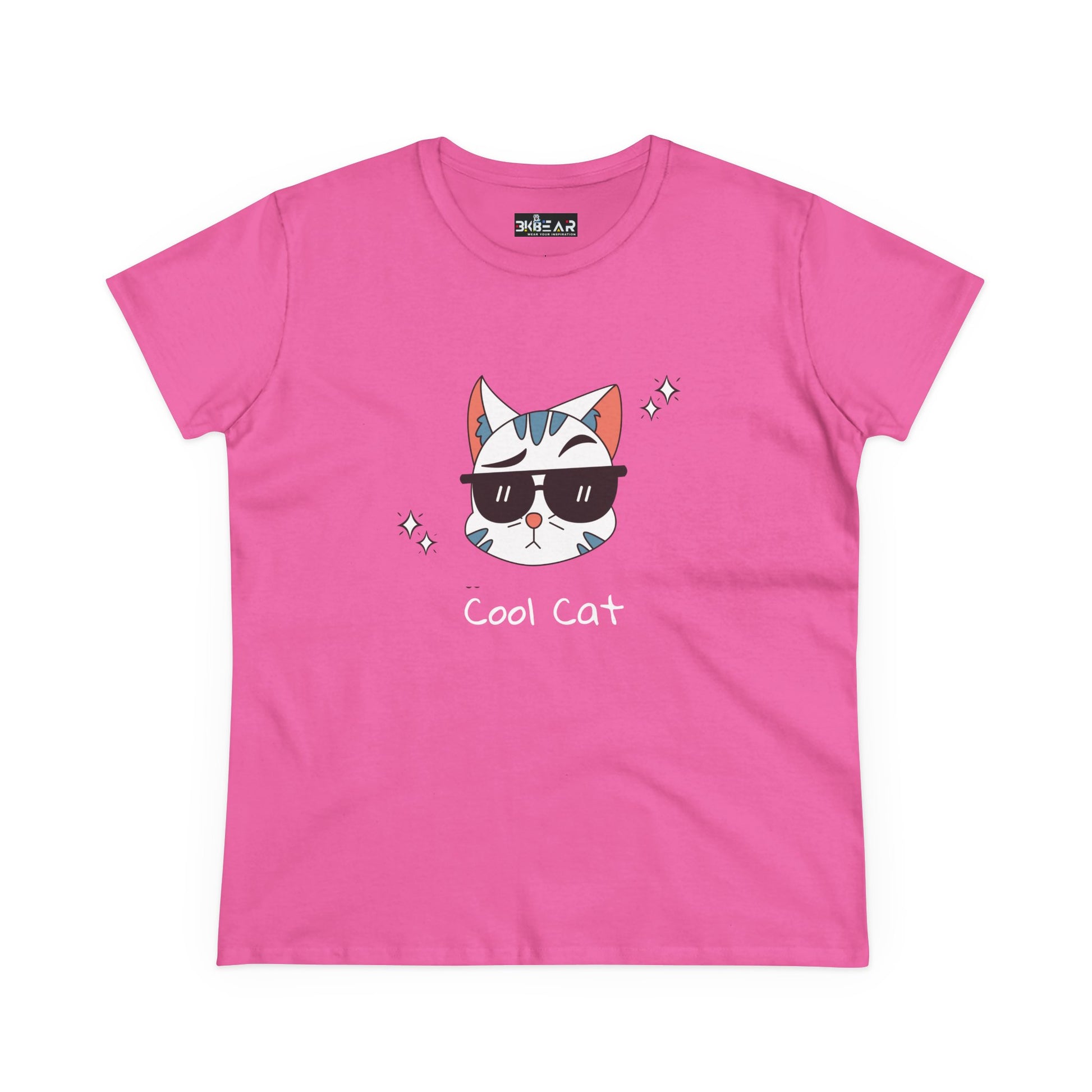 Pink cool cat graphic t-shirt for women with a cat wearing sunglasses print by Printify