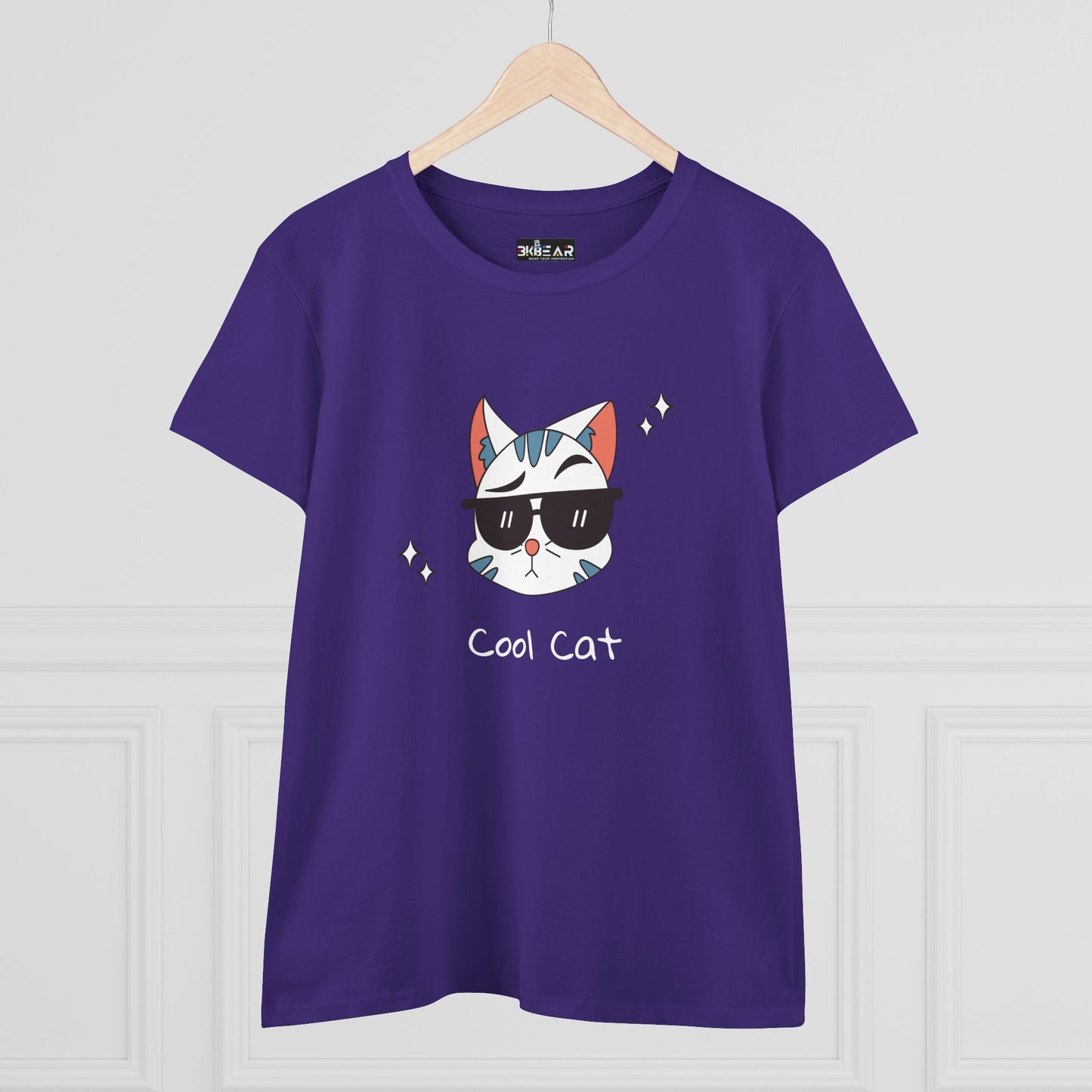 Purple cool cat graphic t-shirt for women by Printify featuring cat with sunglasses