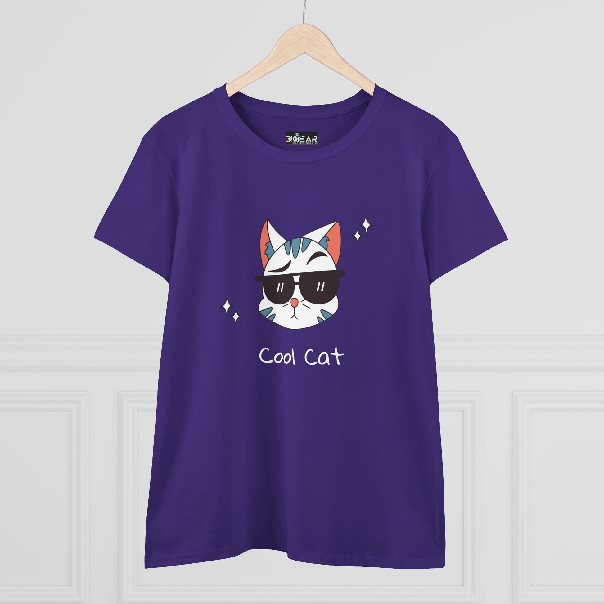 Purple cool cat graphic t-shirt for women by Printify featuring cat with sunglasses