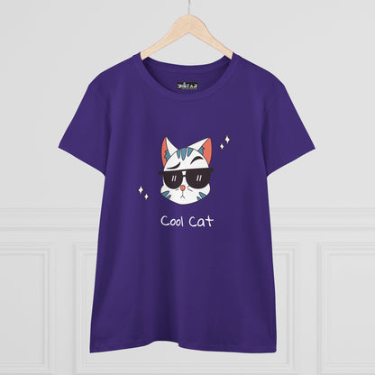 Purple cool cat graphic t-shirt for women by Printify featuring cat with sunglasses