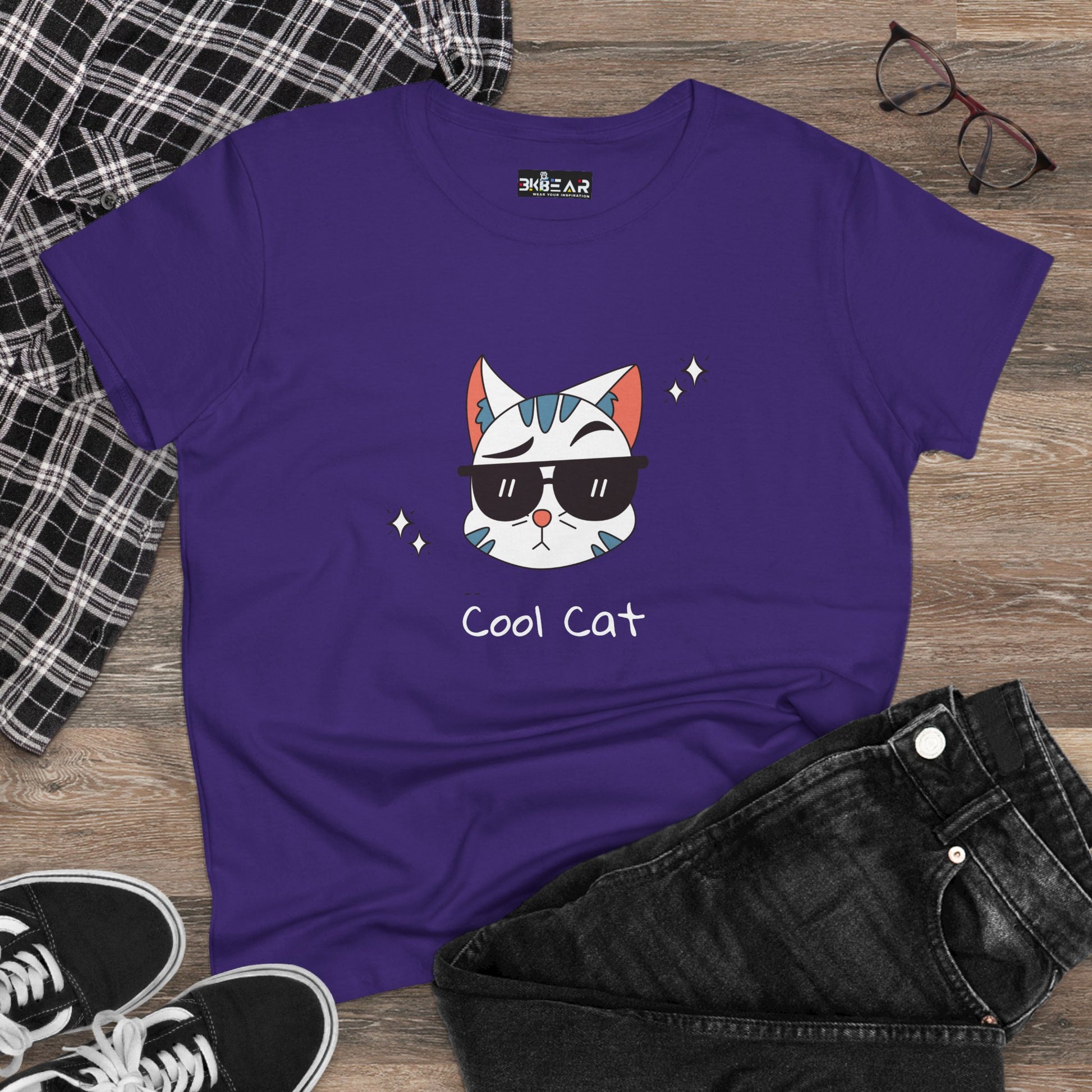 Purple cool cat graphic t-shirt for women with cat wearing sunglasses design by Printify