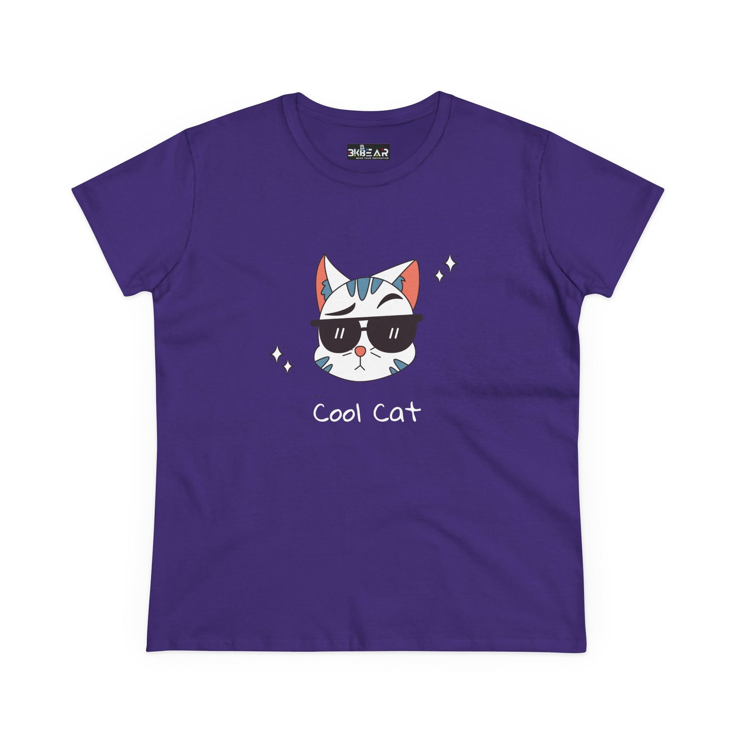 Purple Printify cool cat graphic t-shirt for women with a cat wearing sunglasses design