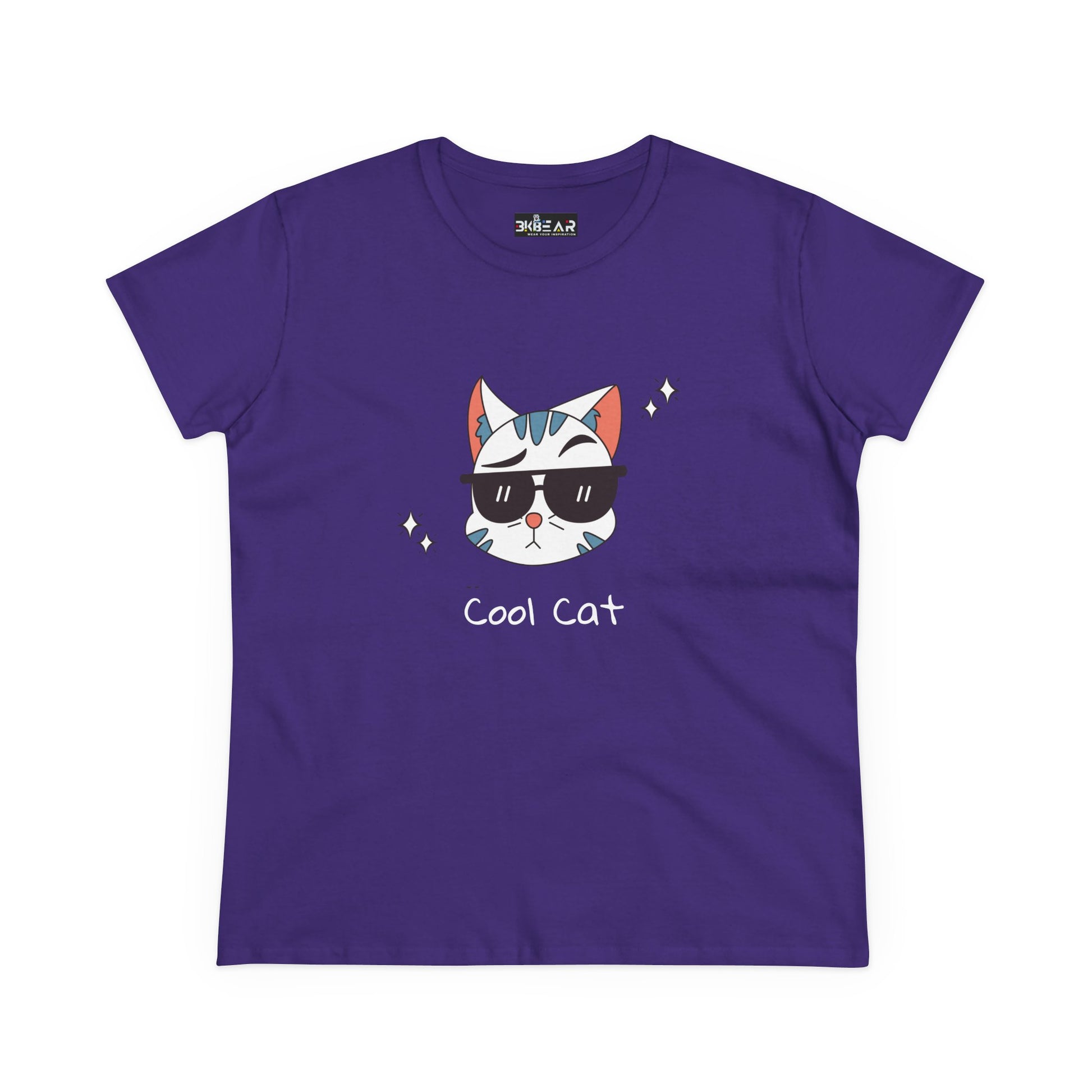 Purple Printify cool cat graphic t-shirt for women with a cat wearing sunglasses design