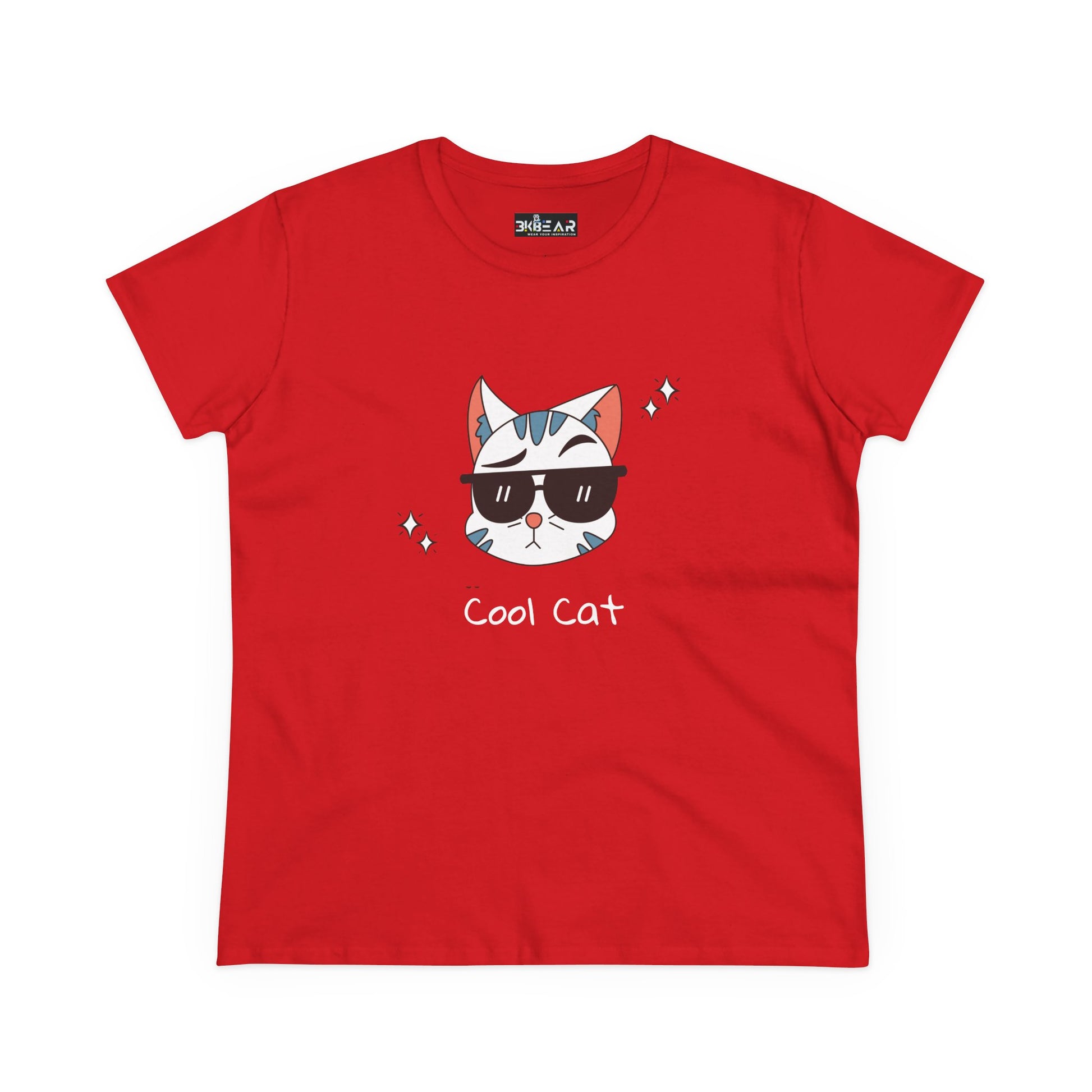 Red cool cat graphic t-shirt for women with cat wearing sunglasses printed on front