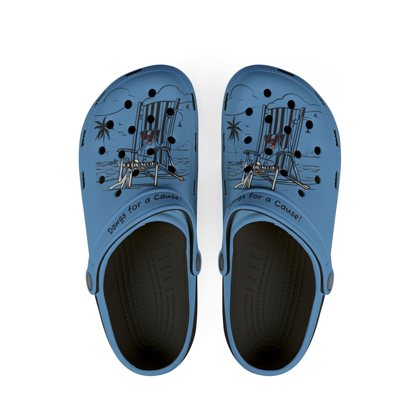 blue cute clogs for women with beach chair and palm tree design