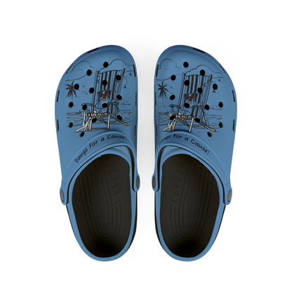 blue cute clogs for women with beach chair and palm tree design