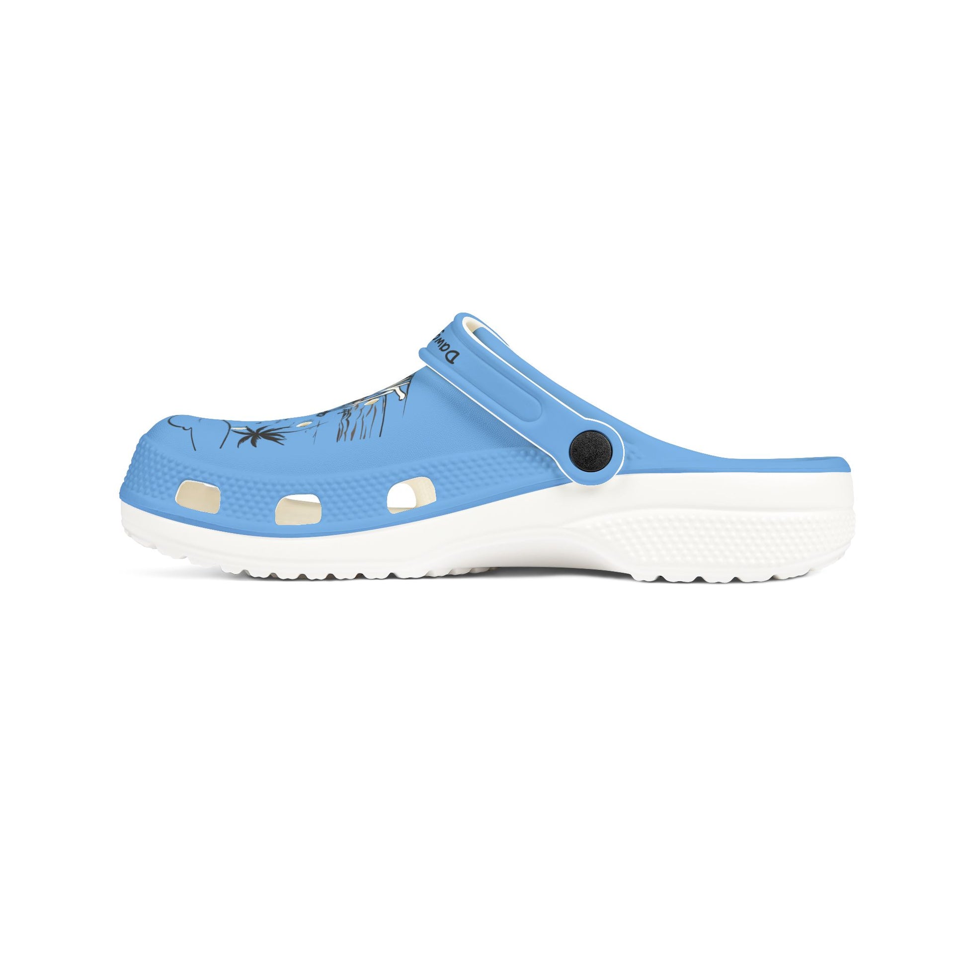 Printify light blue cute clogs for women with black palm tree design and white sole