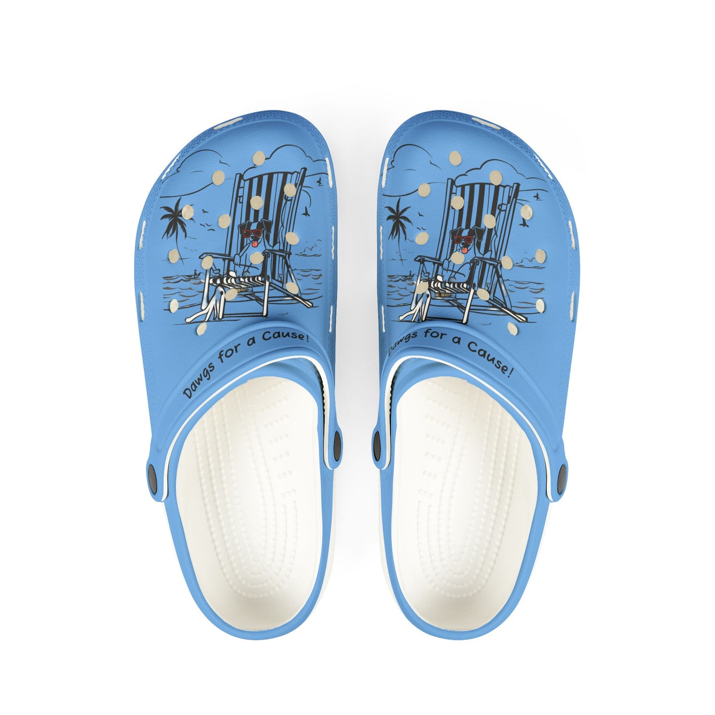Printify blue cute clogs for women with beach chair and palm tree design