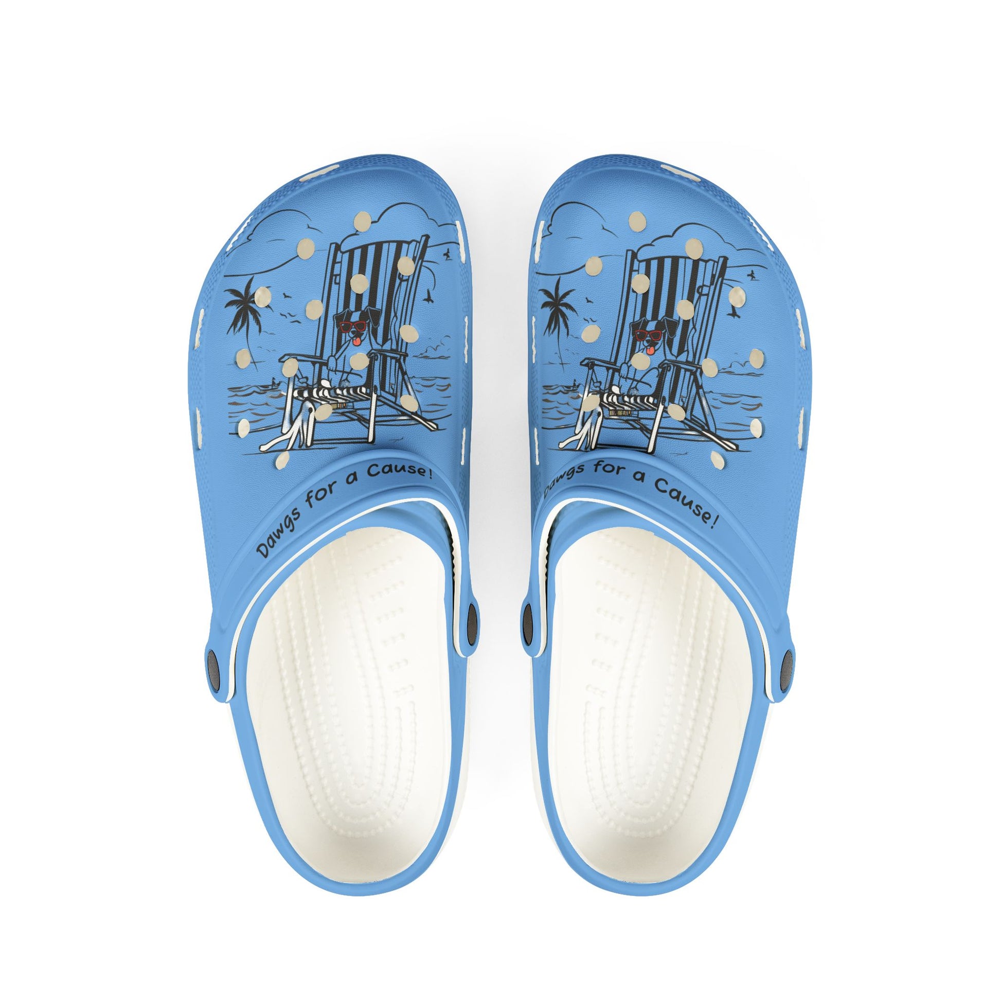 Printify blue cute clogs for women with beach chair and palm tree design