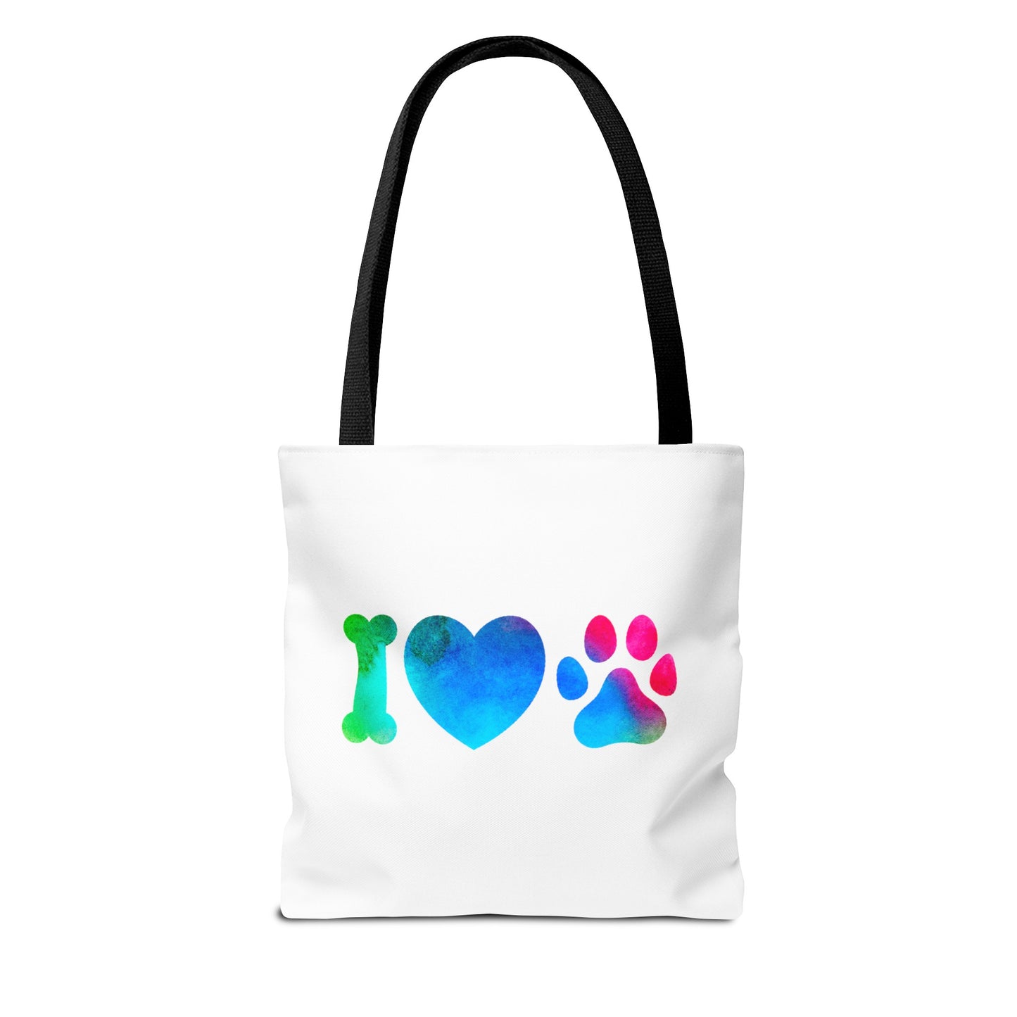 White tote bag with black handles featuring colorful I love paw print design cute dog lover tote bag