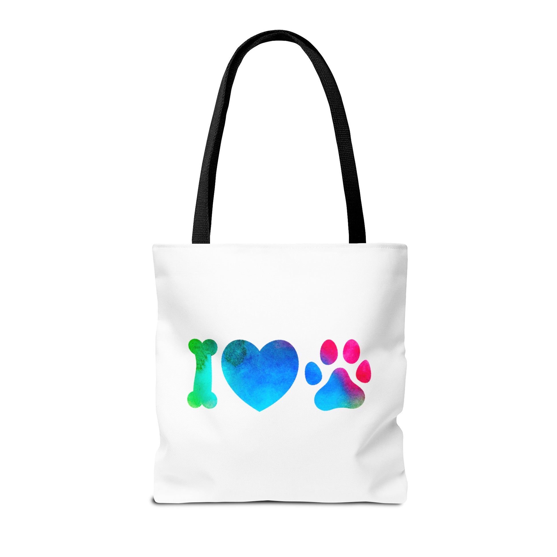 Printify cute dog lover tote bag with colorful bone heart and paw graphic on white background