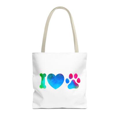 Printify cute dog lover tote bag with colorful heart and paw print design on white canvas