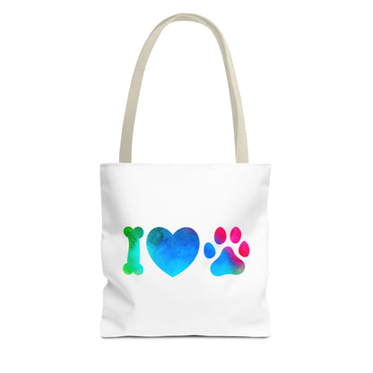 White cute dog lover tote bag with colorful love heart and paw print design