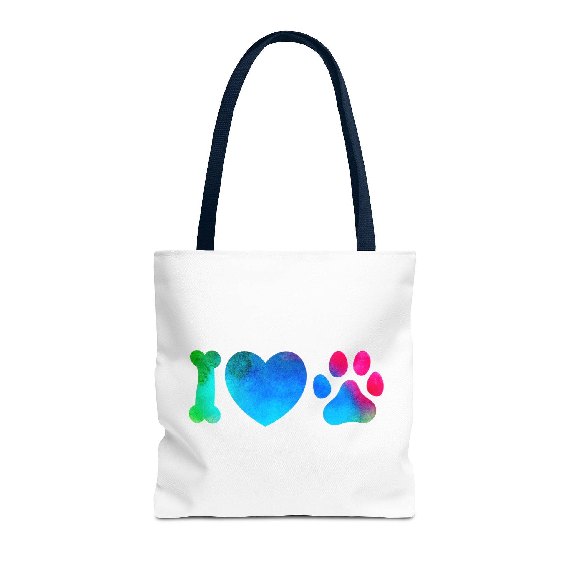 Printify cute dog lover tote bag with colorful bone heart and paw print design on white
