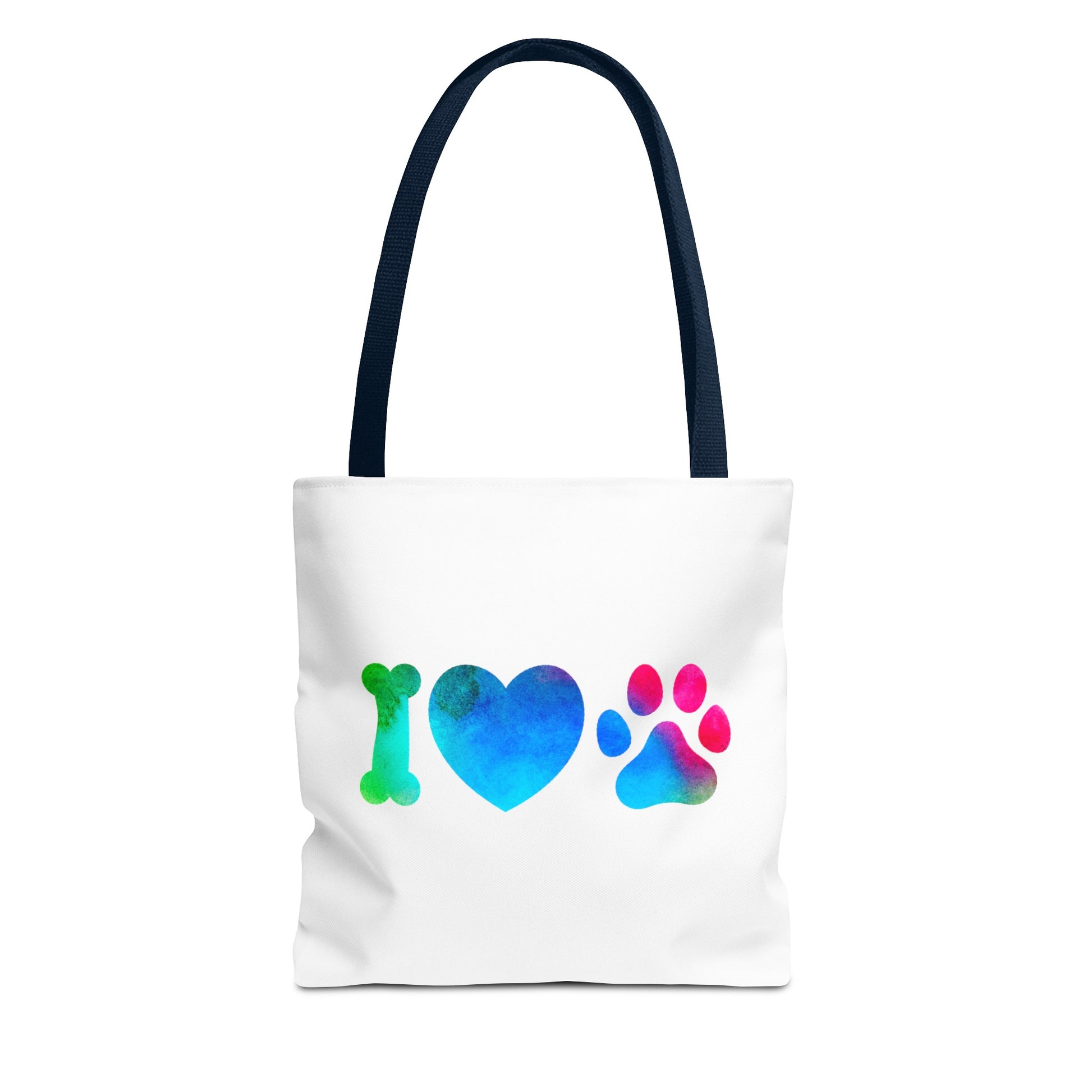 Printify cute dog lover tote bag with colorful bone heart and paw print design