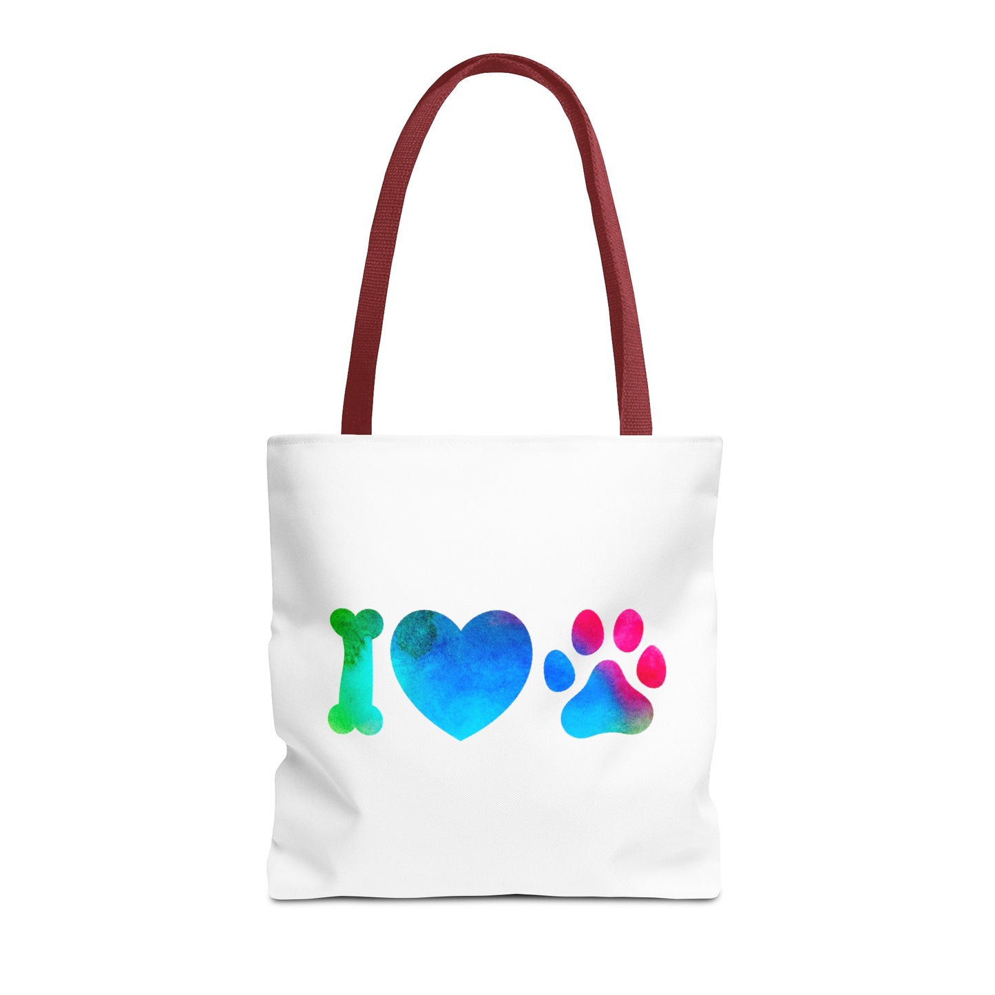Printify cute dog lover tote bag with colorful heart and paw design and maroon handles