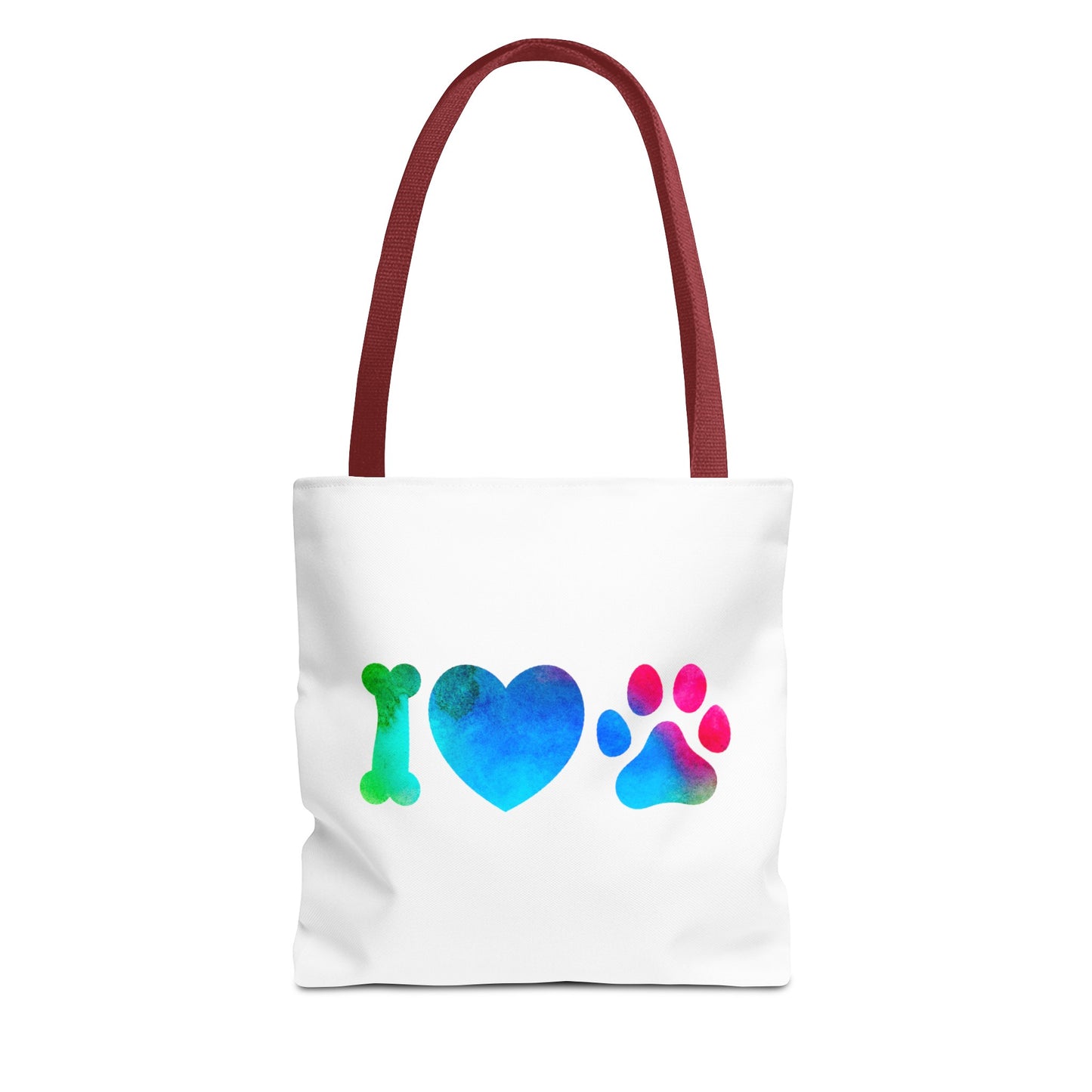Printify cute dog lover tote bag with colorful I heart paw design and red handles