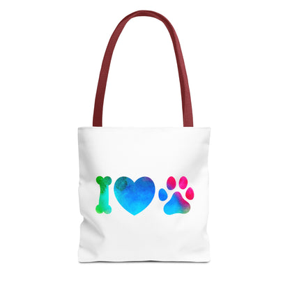 Printify cute dog lover tote bag with colorful I heart paw design and red handles
