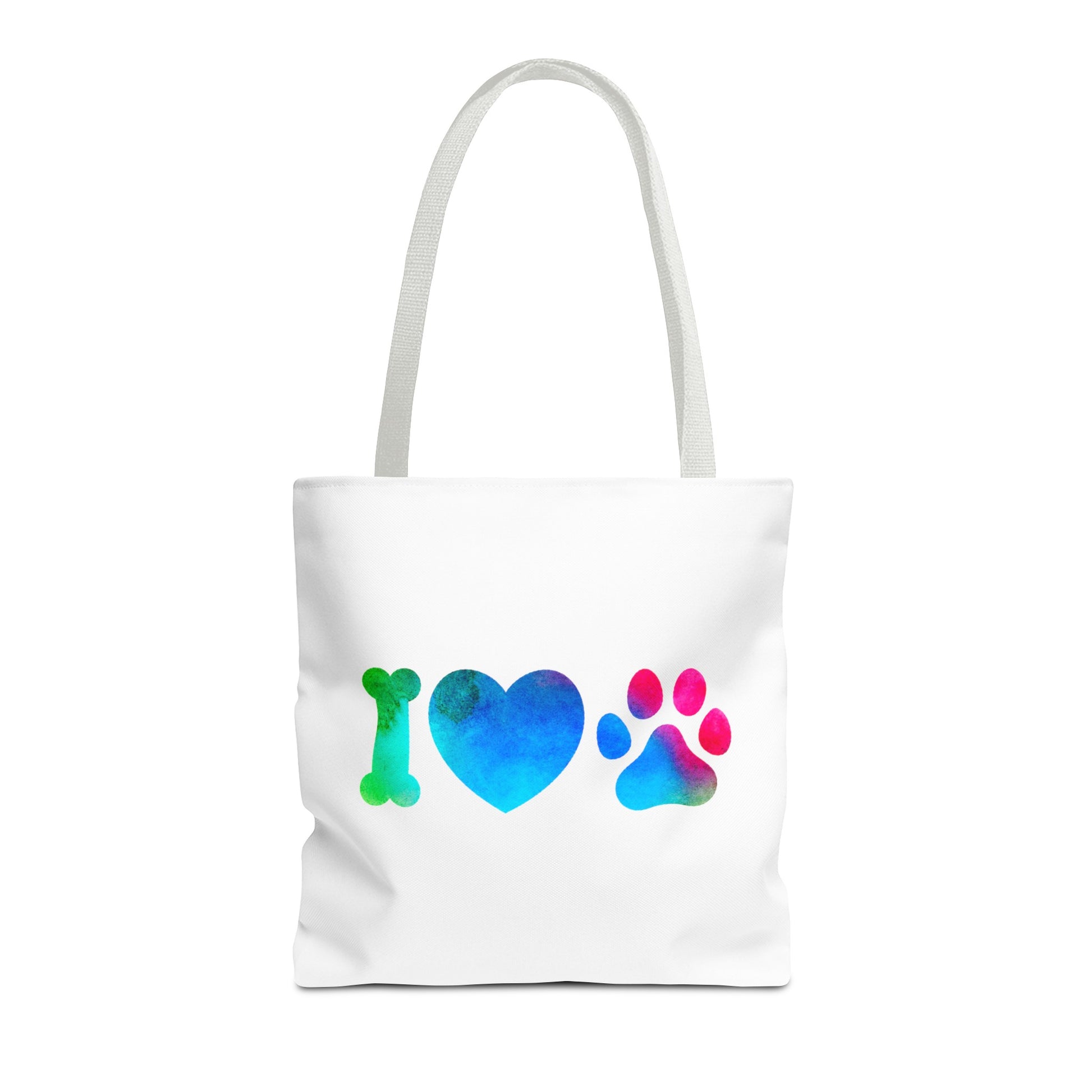 Printify cute dog lover tote bag with colorful I heart dog bone and paw print design