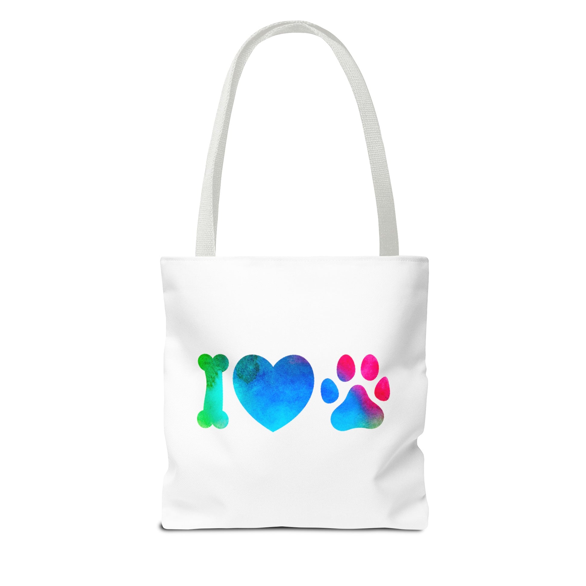 White cute dog lover tote bag with colorful green bone blue heart and pink paw print design