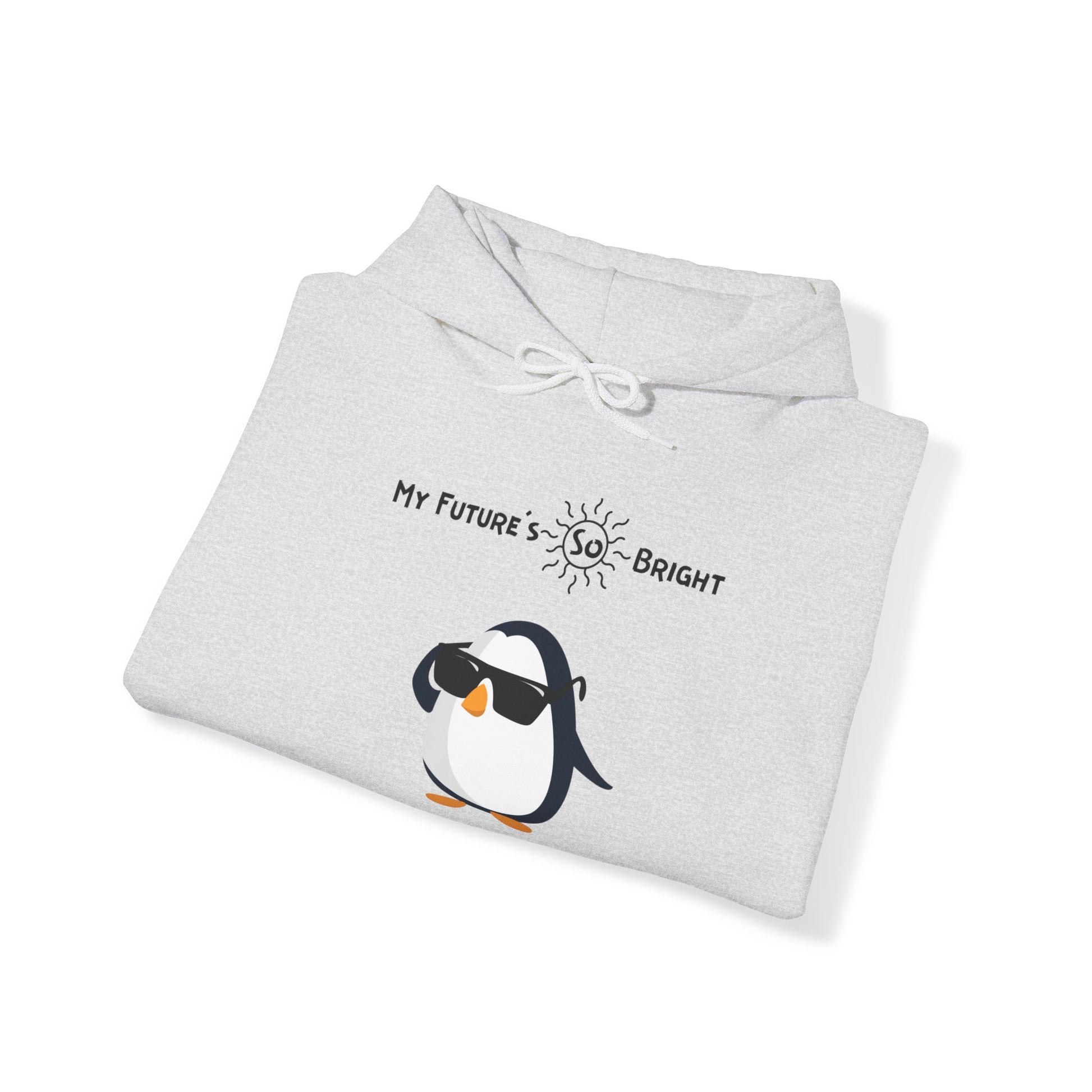 Folded white penguin hoodie from Printify featuring a cool penguin wearing sunglasses and text My Future's So Bright