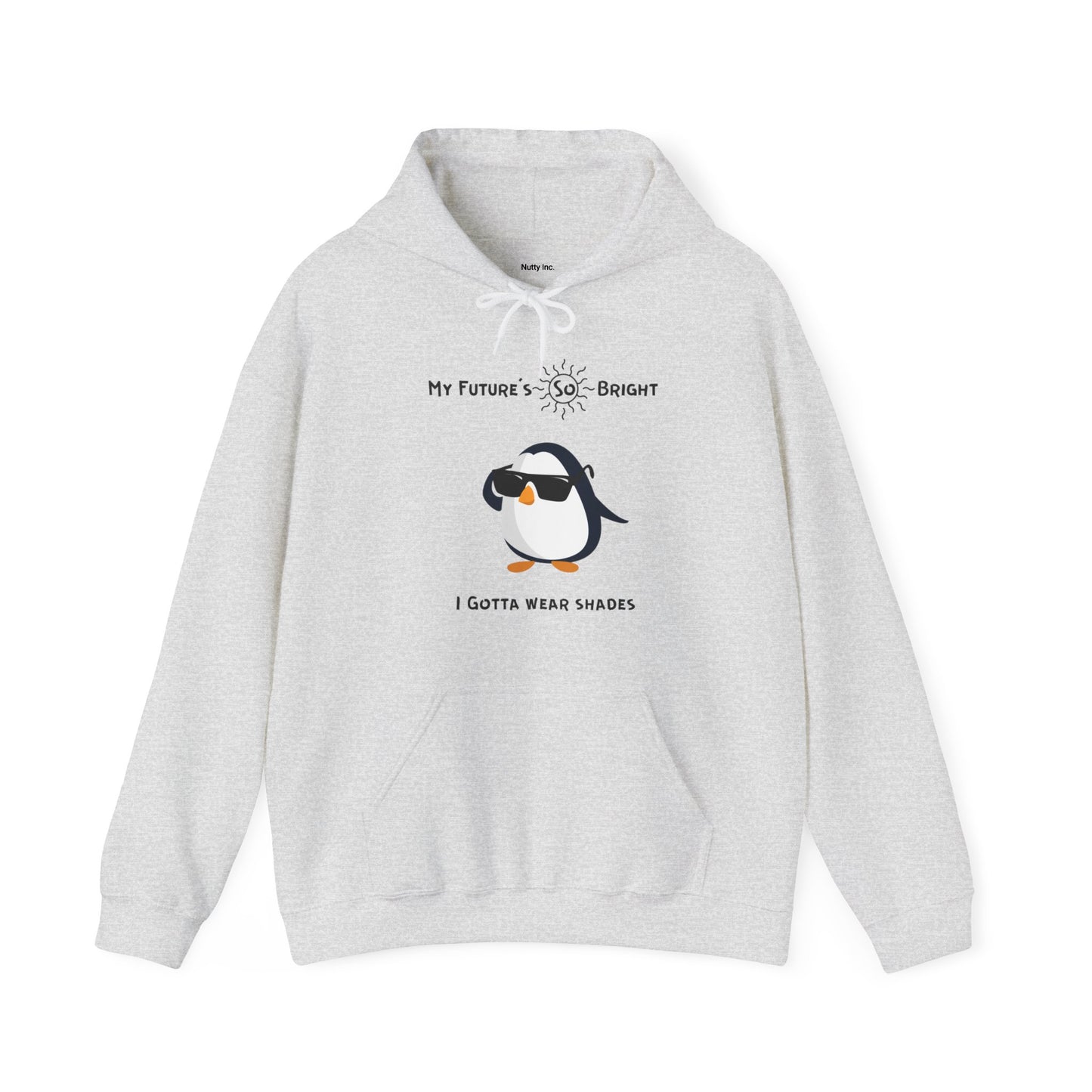 Light gray penguin hoodie from Printify with cool penguin wearing shades and bright future text