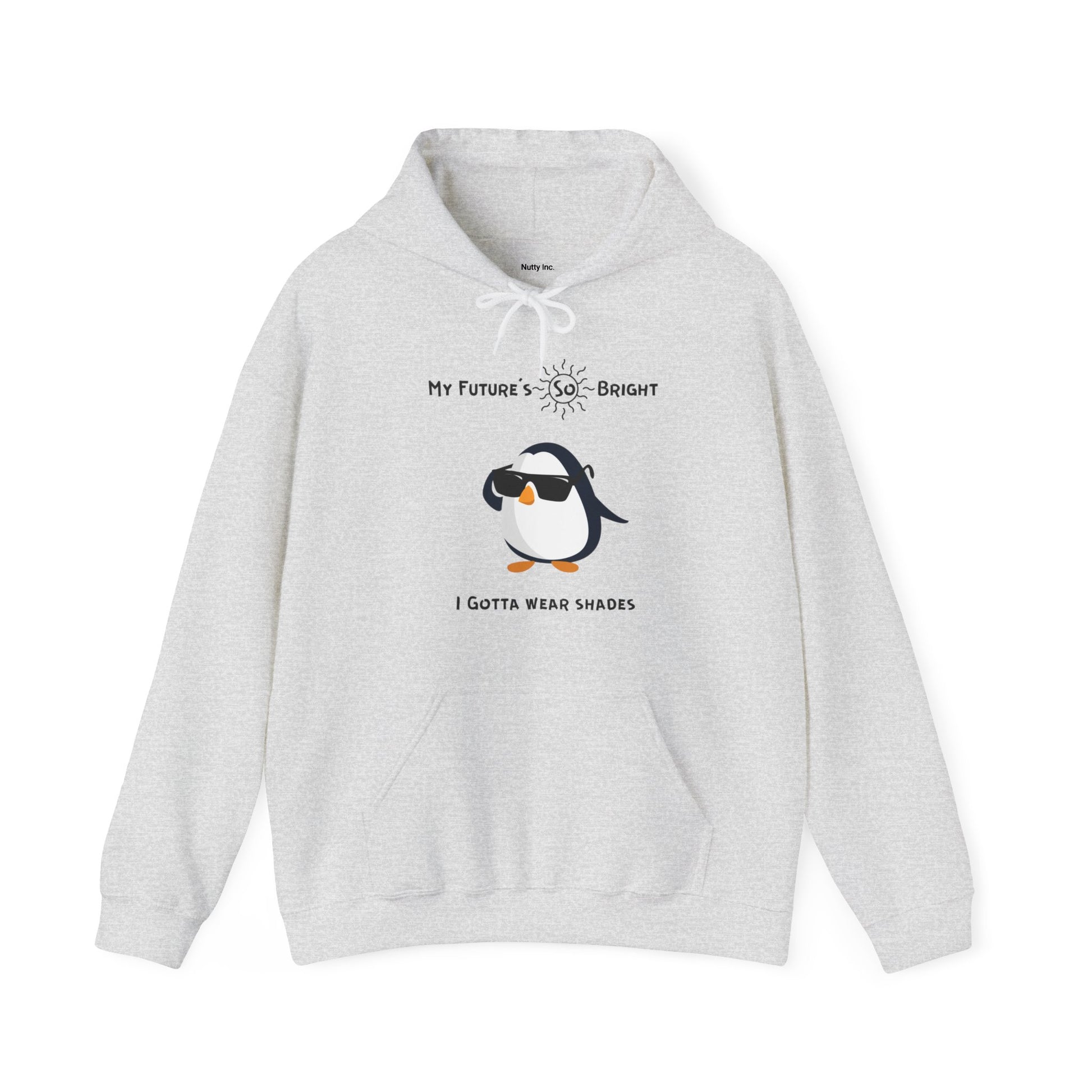 Light gray penguin hoodie from Printify with cool penguin wearing shades and bright future text