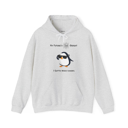 Light gray penguin hoodie from Printify with cool penguin wearing shades and bright future text