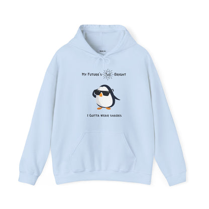 Light blue penguin hoodie from Printify featuring a penguin wearing sunglasses with bright future text