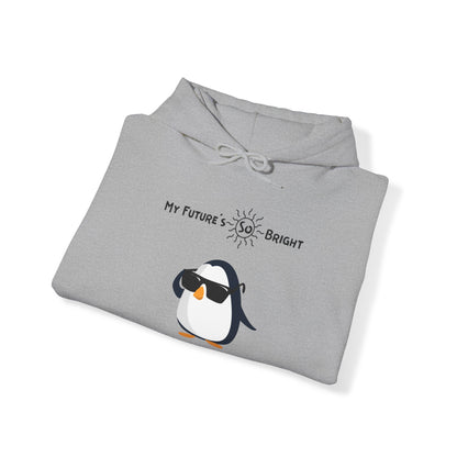 Gray Printify penguin hoodie with cool penguin wearing sunglasses and my future's so bright text