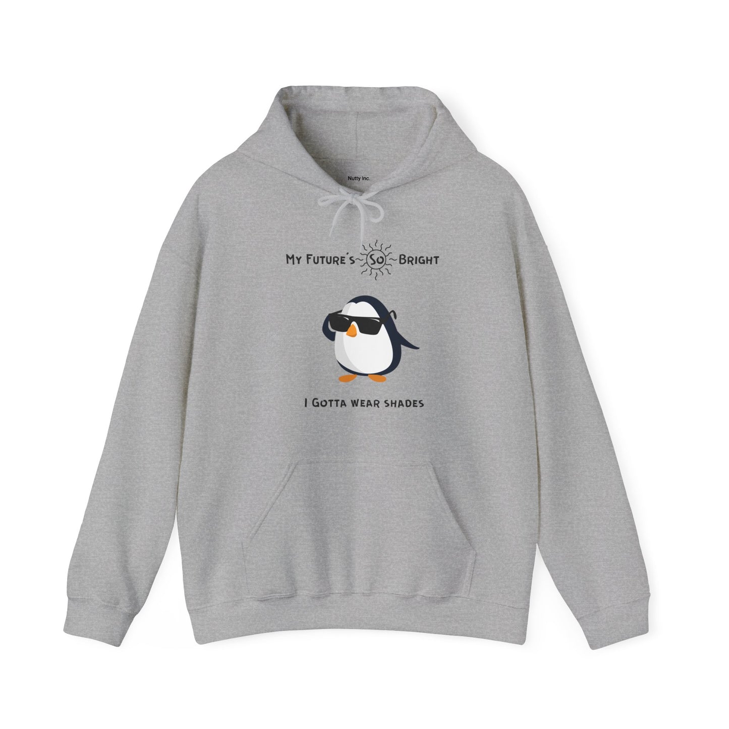 Gray Printify penguin hoodie with cartoon penguin wearing sunglasses and bright future text