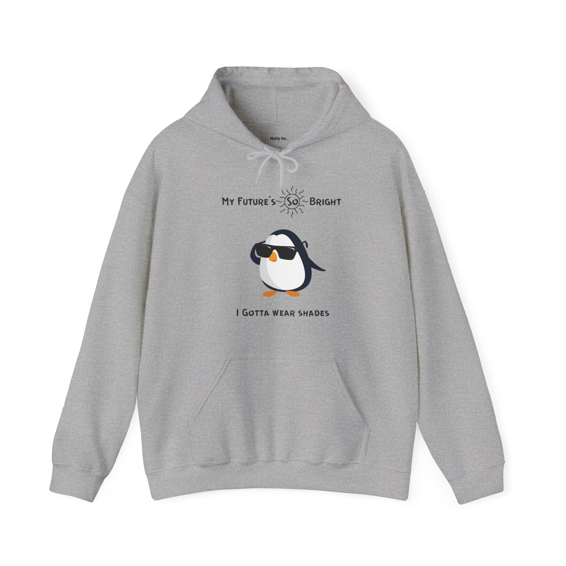 Gray Printify penguin hoodie with cartoon penguin wearing sunglasses and bright future text