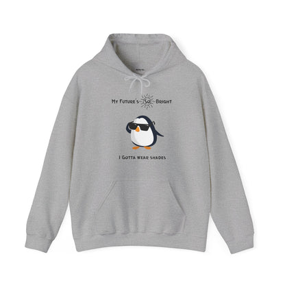 Gray Printify penguin hoodie with cartoon penguin wearing sunglasses and bright future text