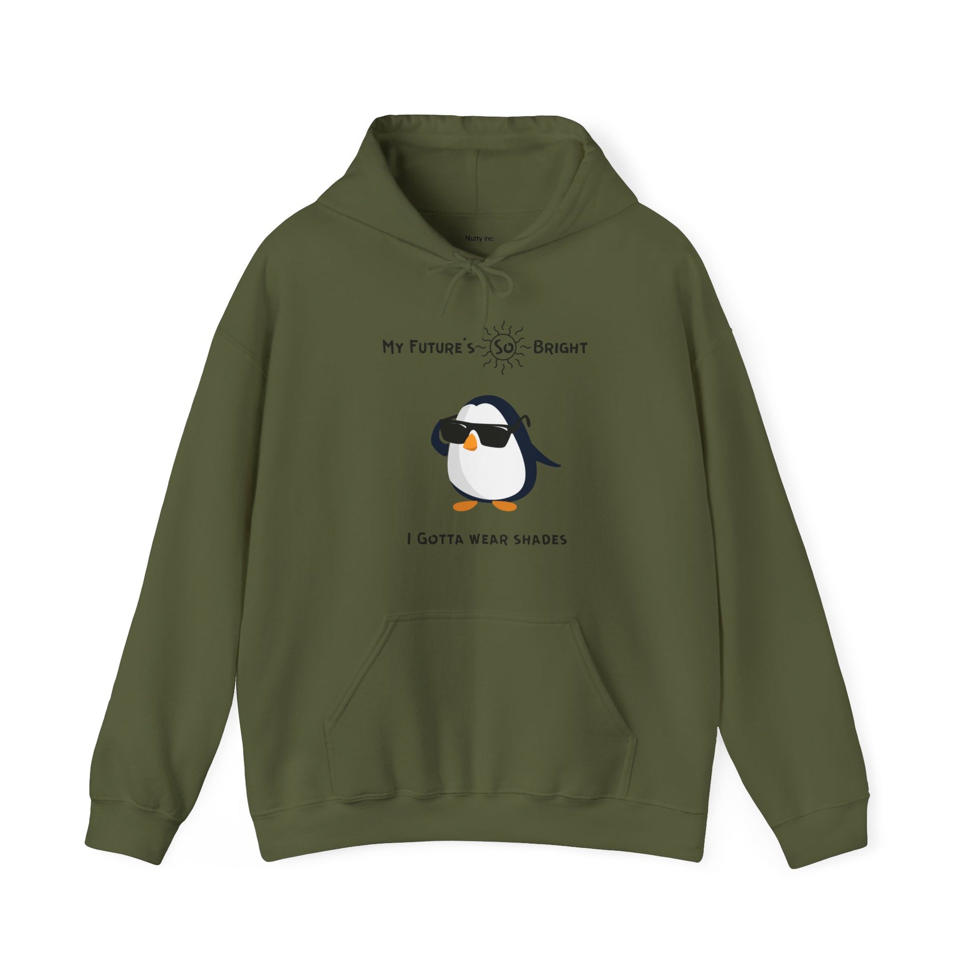 Olive green penguin hoodie with cool penguin wearing sunglasses and Future's so bright text