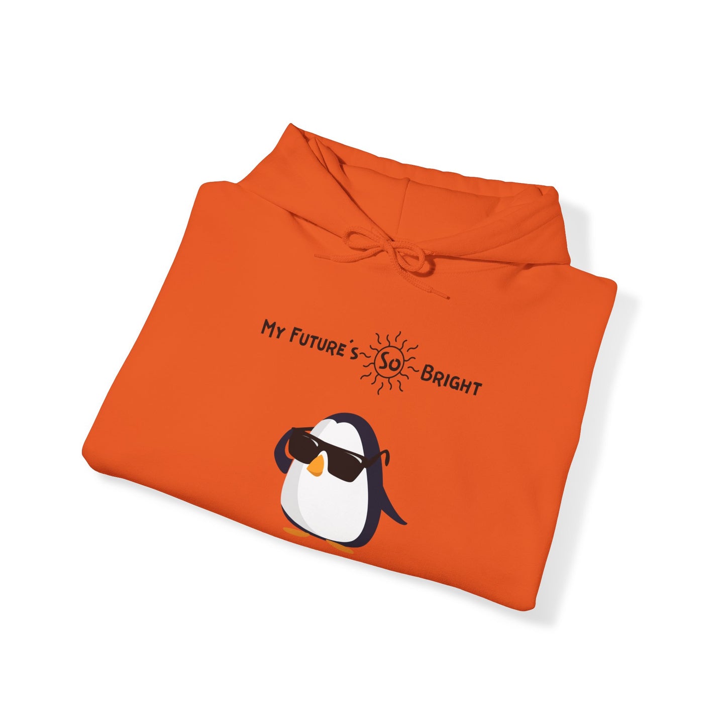 Orange penguin hoodie from Printify with cool penguin graphic and My Future's So Bright text