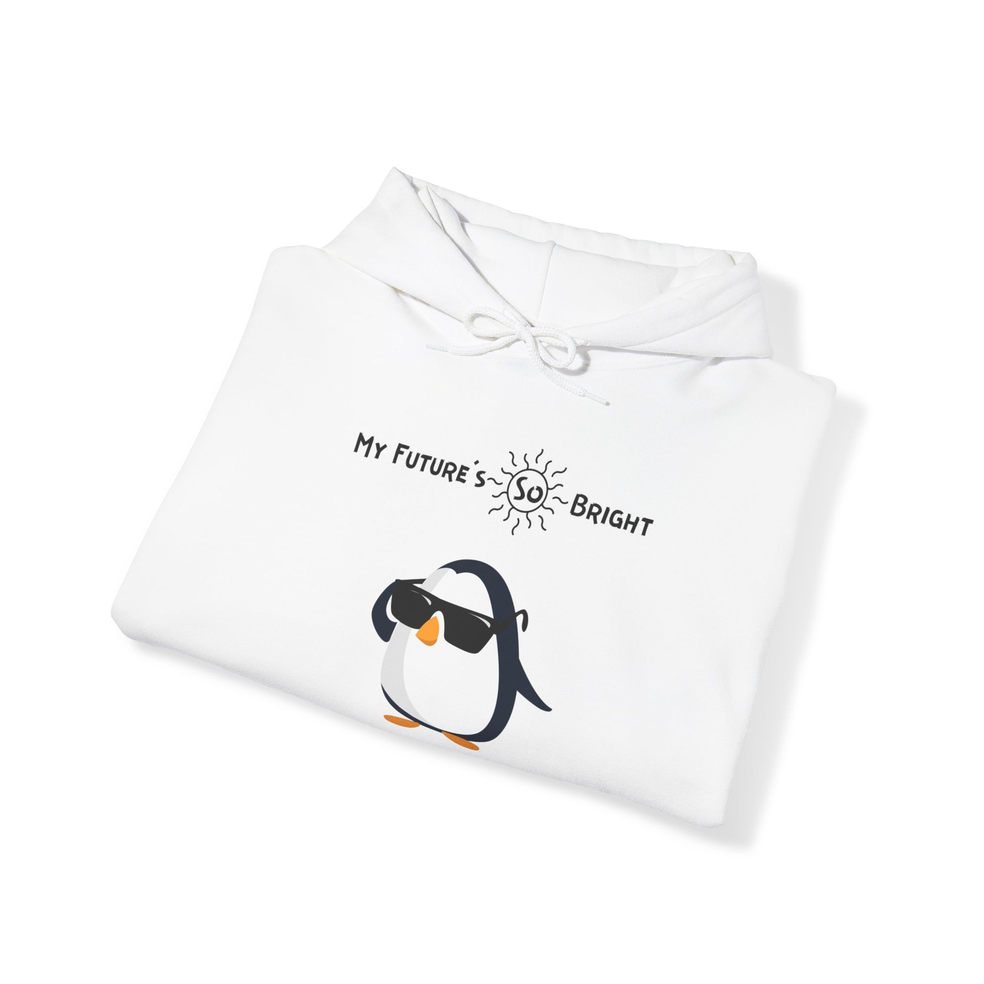 White penguin hoodie from Printify with cool penguin graphic and My Future's So Bright text