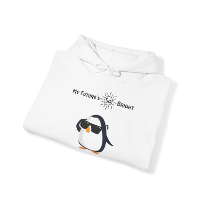 White penguin hoodie from Printify with cool penguin graphic and My Future's So Bright text