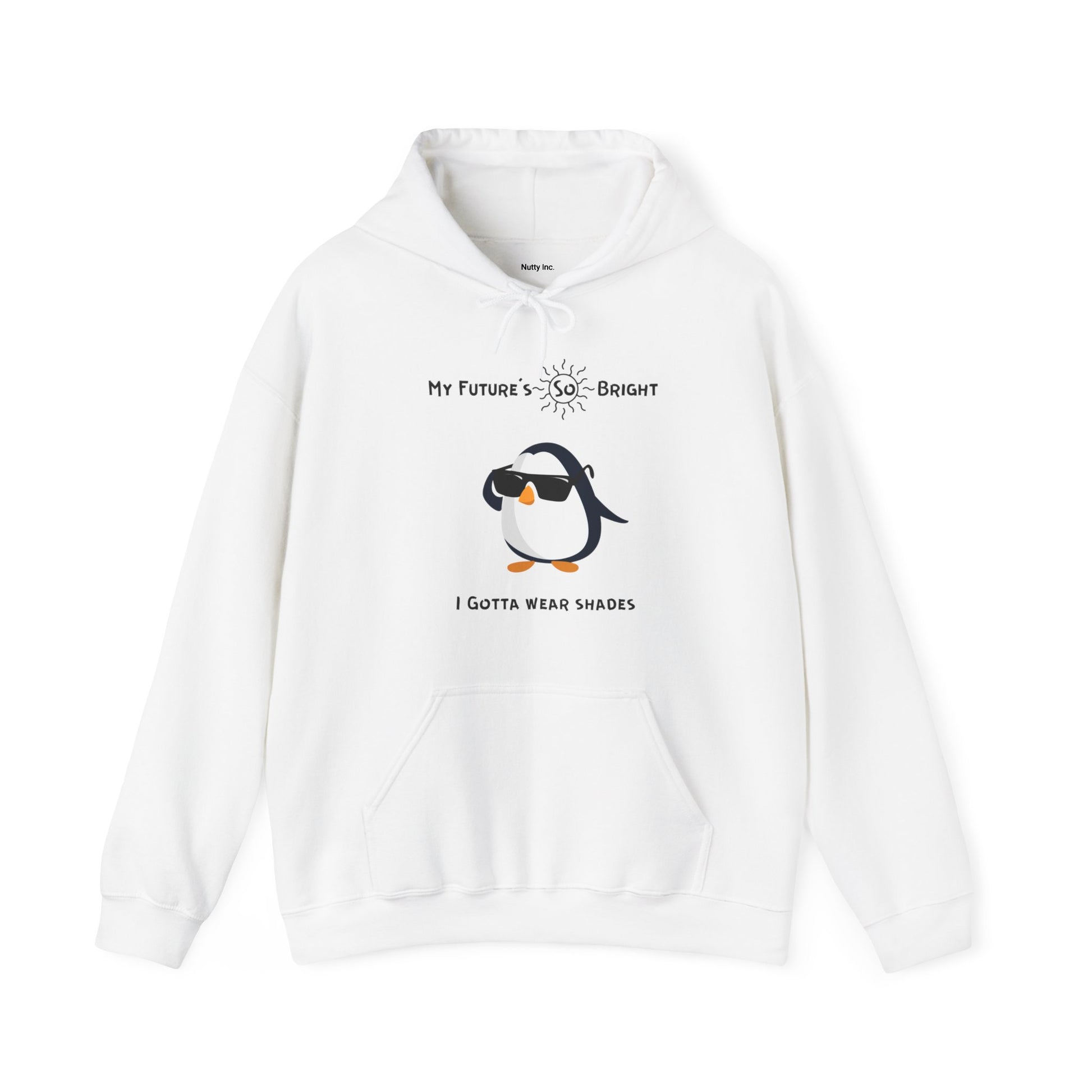 White Printify penguin hoodie with sunglasses graphic and My Future's So Bright text