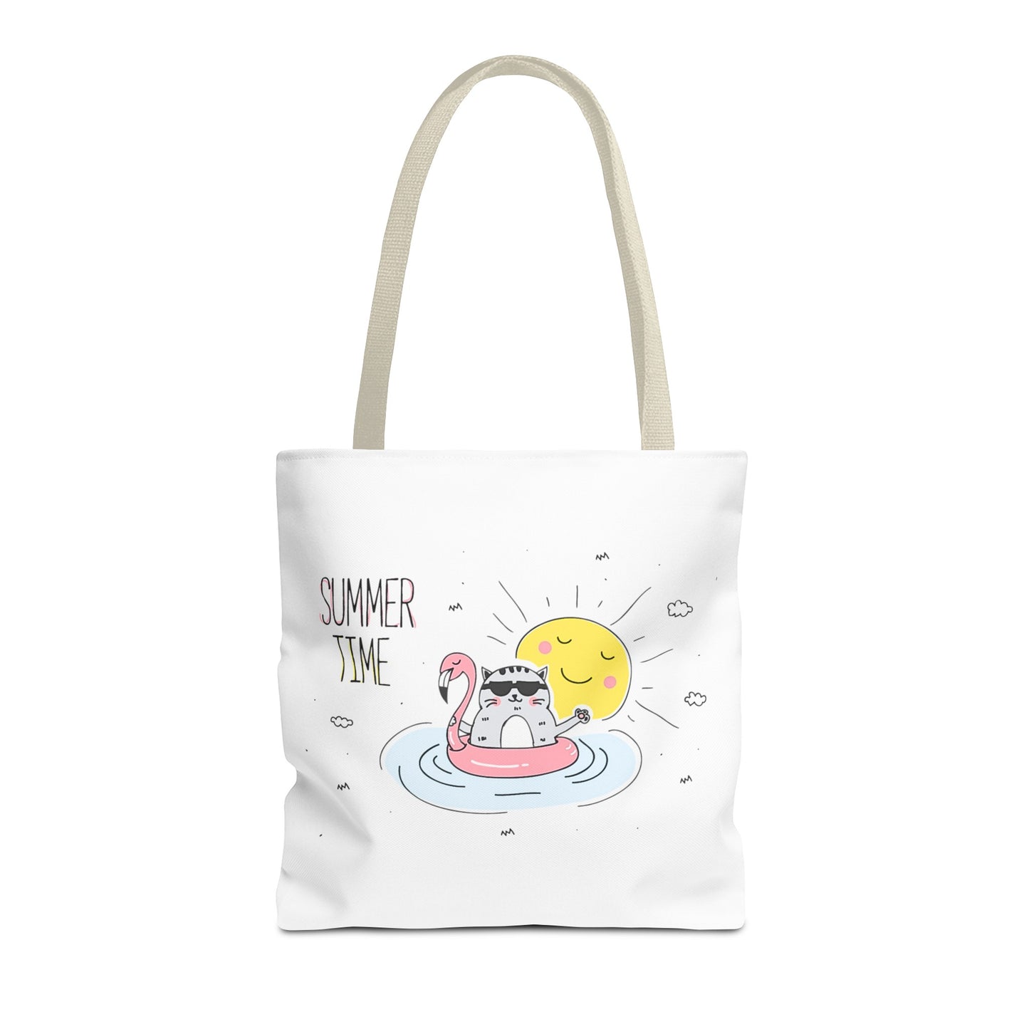 Printify cute animal graphic tote bag with summer time cat floating on flamingo pool float design
