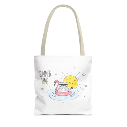 Printify cute animal graphic tote bag with summer cat floating on flamingo pool float and smiling sun