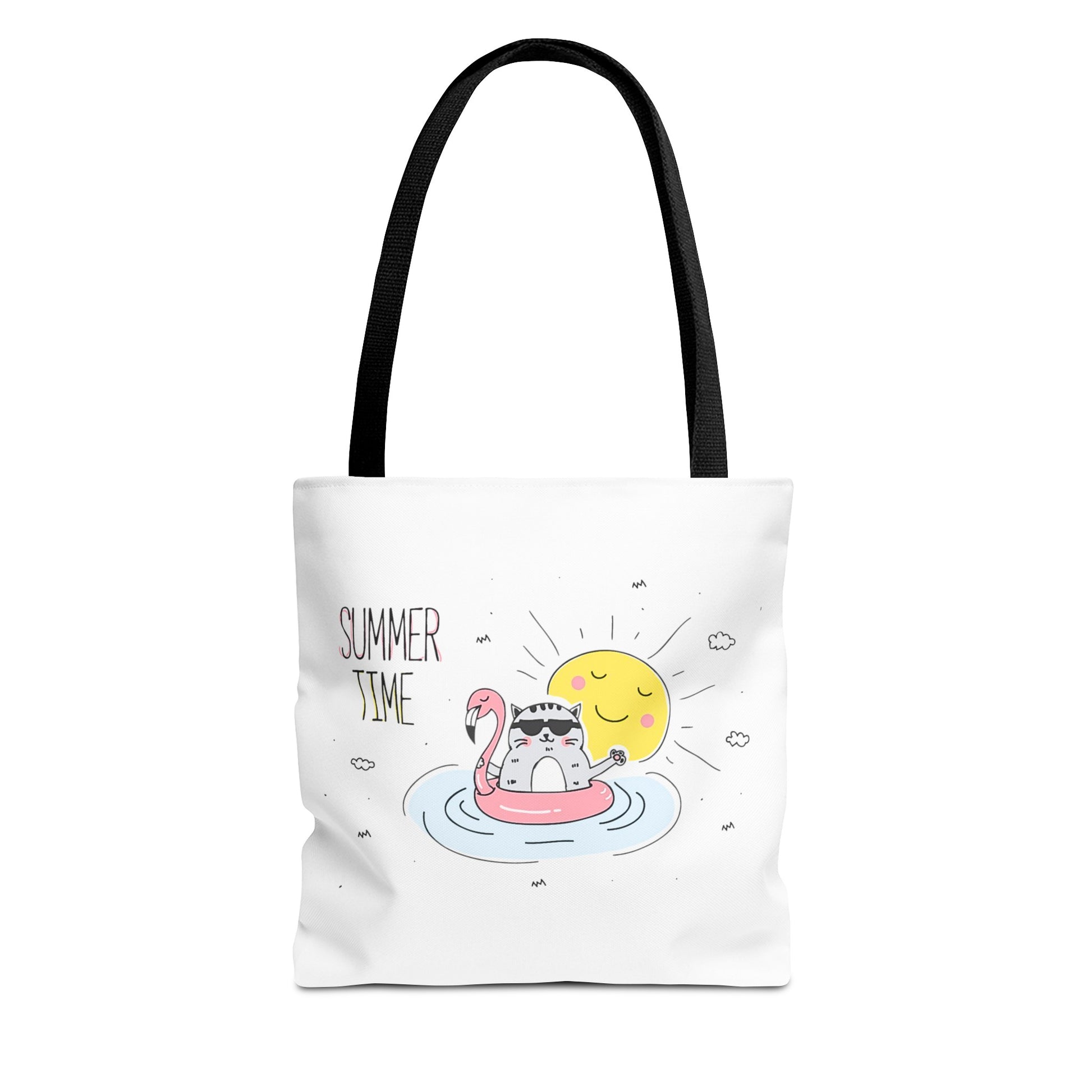 Printify cute animal graphic tote bag with a summer cat floating on a flamingo pool float design