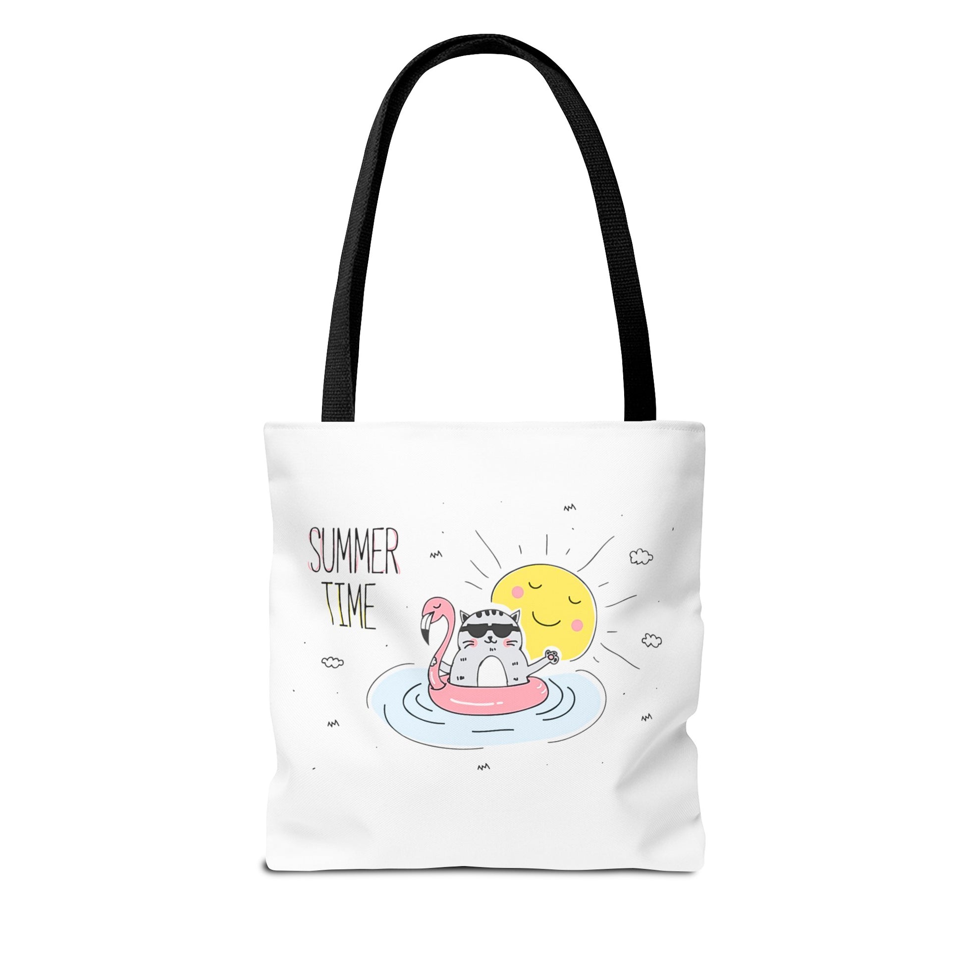White cute animal graphic tote bag with cat on flamingo float and summer time design