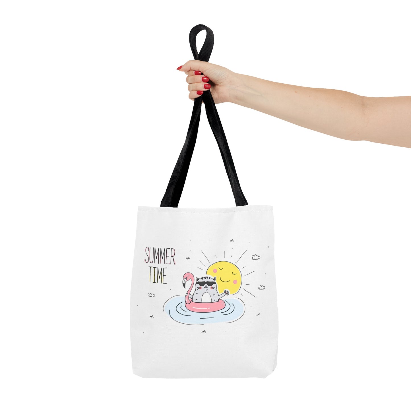 Printify cute animal graphic tote bag with summer time cat on flamingo float and black handles
