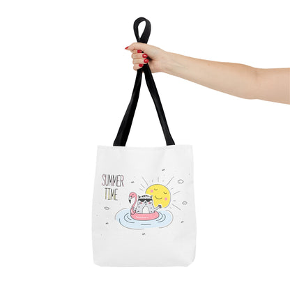 Printify cute animal graphic tote bag with summer time cat on flamingo float and black handles