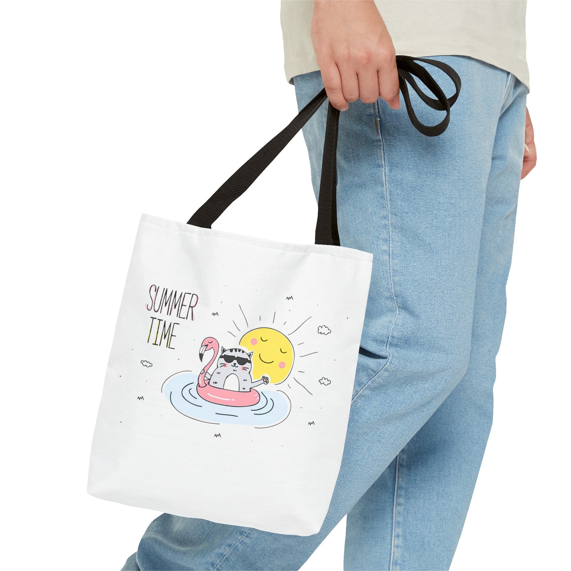Printify cute animal graphic tote bag with summer time design featuring a cat and sun illustration