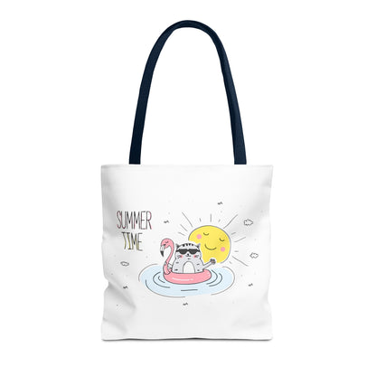 Printify cute animal graphic tote bag with summer cat on flamingo float and sun design